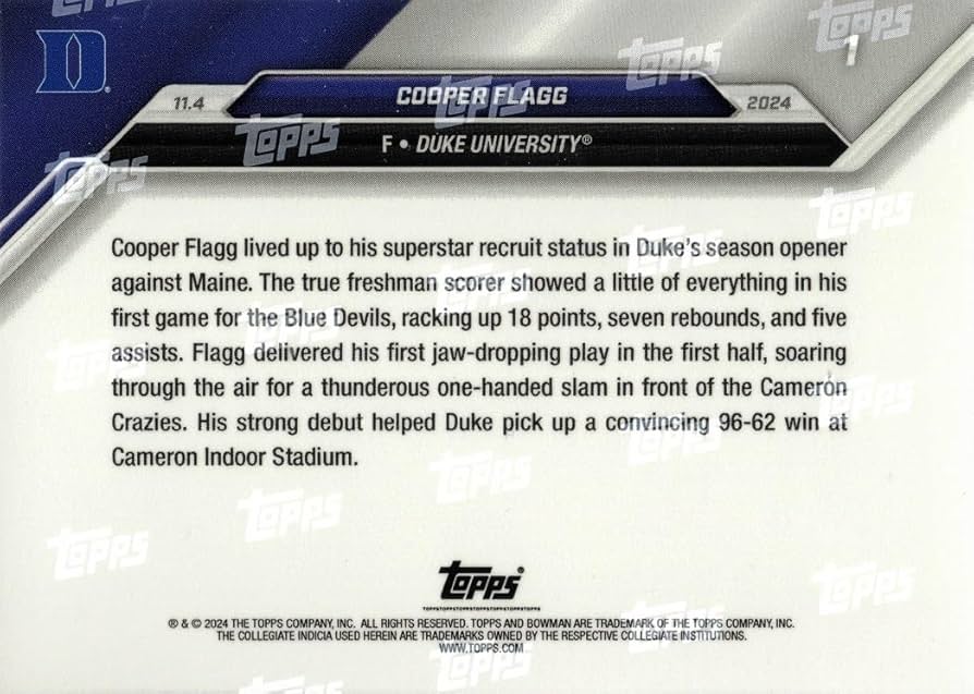 Amazon.com: 2024-25 Bowman U Now Basketball #1 Cooper Flagg